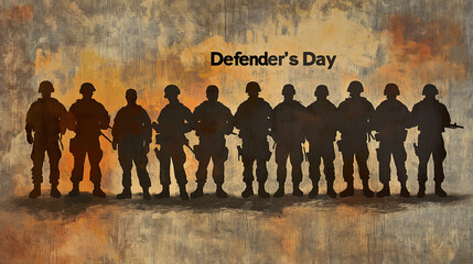 Silhouettes of diverse soldiers standing in line with text "Defender's Day" on textured background. Military celebration, national defense, honoring soldiers, patriotic event, veteran tribute concept,