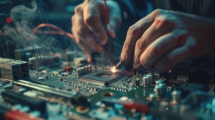 Naklejka premium Computer motherboard being soldered by a skilled technician, intricate and precise work