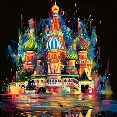 Obraz premium a vibrant and colorful interpretation of Saint Basil’s Cathedral at night