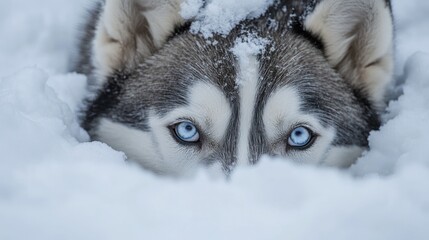 Naklejka premium Close up View of A Siberian Husky Hiding in Snow with Sharp Gaze