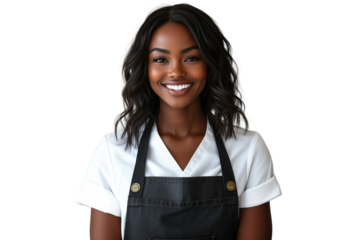 African American female waitress in white uniform on transparent background