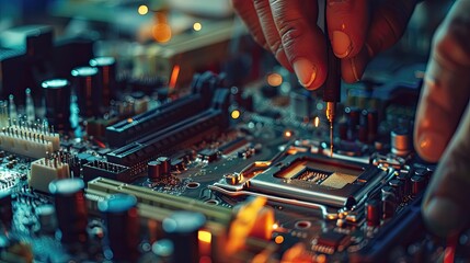 Obraz premium Computer motherboard being soldered by a skilled technician, intricate and precise work
