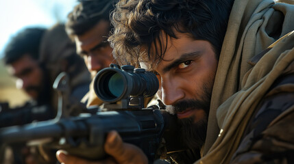 Men with weapons on reconnaissance, Men with Weapons Conducting Reconnaissance in Field