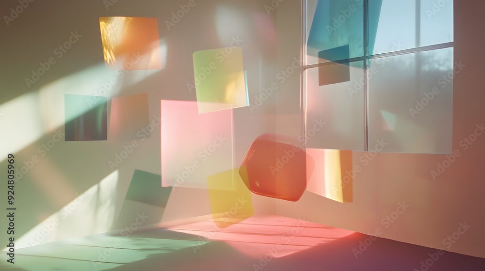 Wall mural 19. floating, multi-colored shapes with subtle, shifting light effects on a transparent backdrop
