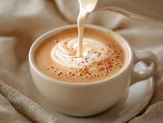A close-up photograph showing milk foam being poured into a cappuccino cup
