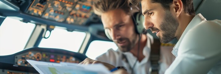 Two pilots in a brightly lit cockpit review flight plans and maps, highlighting the teamwork and precision required in aviation.