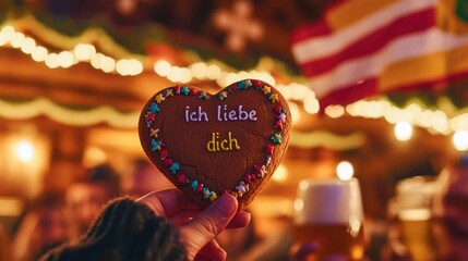 A close-up of a hand holding a gingerbread heart cookie with "Ich liebe dich" written on it, surrounded by the vibrant colors and details of traditional Oktoberfest attire, with beer mugs clinking in