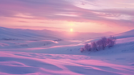 Pink Sunrise Over Snowy Hills