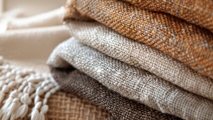 A Cozy Collection of Textures: Embrace the Warmth and Comfort of Beautifully Stacked Textiles in Soft Earthy Tones Perfect for Home Decor Inspiration and Aesthetic Appeal.