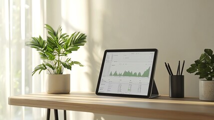 Fototapeta premium Modern workspace featuring a tablet displaying growth data, complemented by potted plants for a fresh, vibrant atmosphere.