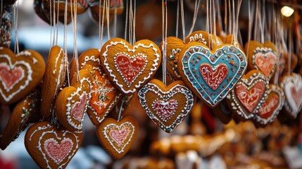 A colorful display of gingerbread heart cookies at an Oktoberfest market stall, each decorated with intricate icing patterns and messages, hanging on strings and ready to be bought as souvenirs, with