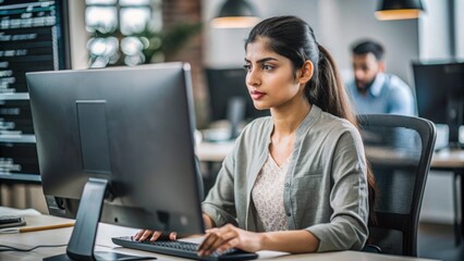 "Female Indian Software Developer Coding" – A female Indian software developer coding on a computer, focused and engaged.
