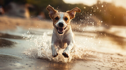 Playful Dog Splashing Water as It Runs Along the Sandy Beach