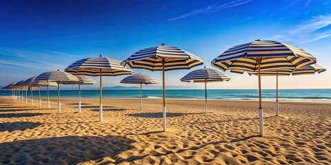 Striped opened parasols on a sandy beach , striped, opened, parasols, beach, tropical, relaxation, sun protection, summer