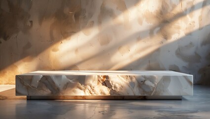 A chic and contemporary stone bench gracefully illuminated by soft morning light, highlighting its intricately veined surface against a textured, warm-toned background.