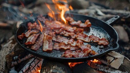 Cooking bacon on a campfire Generative AI