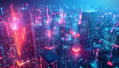 Obraz premium A vibrant digital cityscape illuminated by glowing neon lights, showcasing futuristic architecture and technology.
