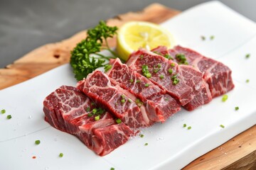 Slices of raw marbled beef arranged on a plate with lemon and herbs for culinary presentation.