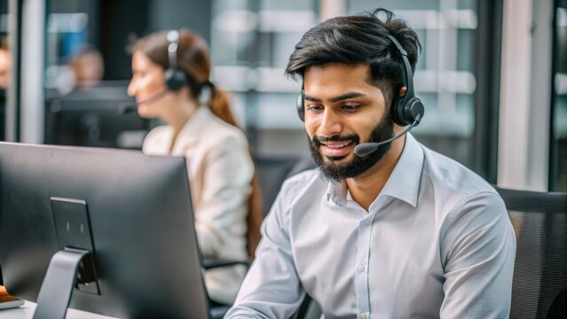 "Indian Tech Support Specialist on Call" – An Indian tech support specialist handling a customer support call with a headset.
