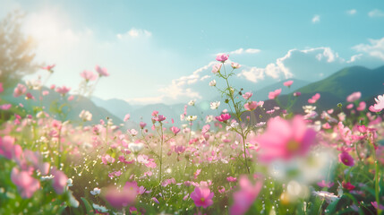 Obraz premium A beautiful sunny meadow with many little pink flowers
