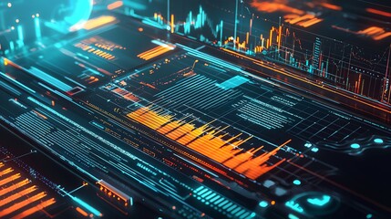Futuristic digital interface with vibrant graphs and data visualization elements in a high-tech environment.