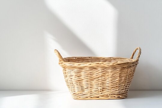 beautifully woven wicker basket casting soft shadows, evokingsense of calm and simplicity.