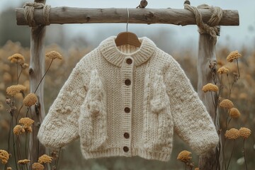 A pristine white sweater is gracefully hanging on a sturdy wooden pole
