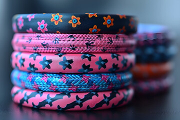 A collection of colorful bracelets stacked on a table, displaying an array of bright colors and unique patterns.