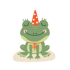 cute green frog in a red cap, vector illustration flat style