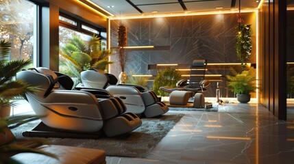 A contemporary office with a wellness room, featuring massage chairs, ambient lighting, and relaxing music