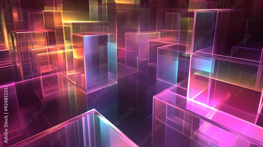 Poster 47. a complex arrangement of translucent prisms and glowing lines, set on a transparent background