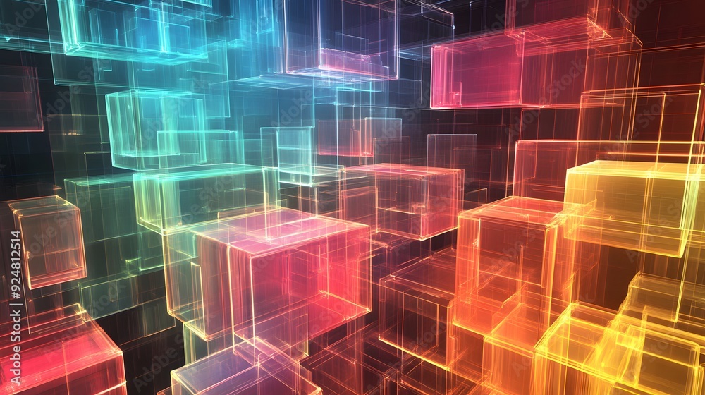 Poster 47. a complex arrangement of translucent prisms and glowing lines, set on a transparent background