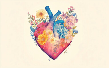 Illustration design of colorful human heart made with flowers and copy space. Love and emotion concept. Organs donation health care. Help and charity concept.