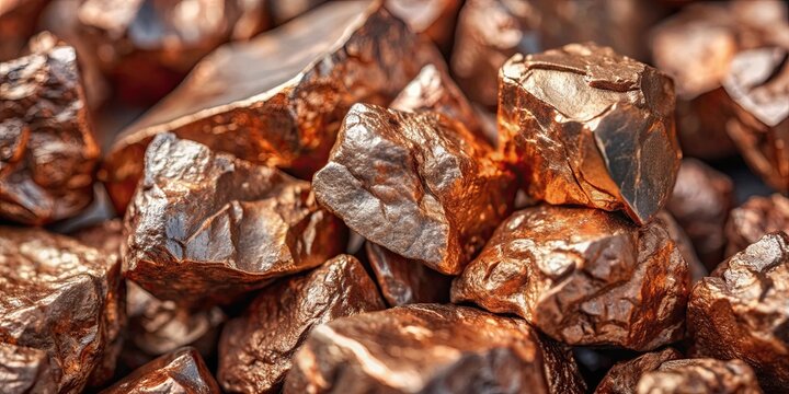 Close-up of polished copper ore chunks with metallic luster and rugged texture against dark background, copper, ore, chunks
