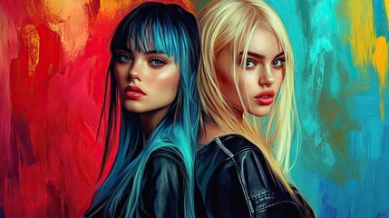 Naklejka premium Blondie and Brunette on Colorful Background