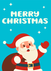 cartoon Santa Claus with a bag. Merry Christmas. text Calligraphic Lettering. Vector illustration
