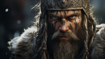 Viking Leader With Fierce Gaze War Paint Metal Helmet And Fur Cloak Nordic Tribal Symbols Close-Up Battle-Ready