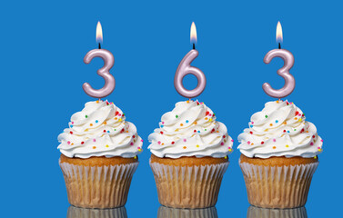 Birthday Cupcakes With Candles Lit Forming The Number 363