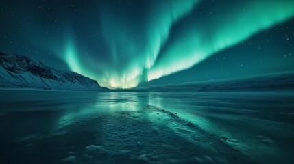 Naklejka premium Breathtaking northern lights dance across the night sky. An enchanting scene with vibrant colors and tranquility. Perfect for nature enthusiasts and art lovers looking for inspiration. AI