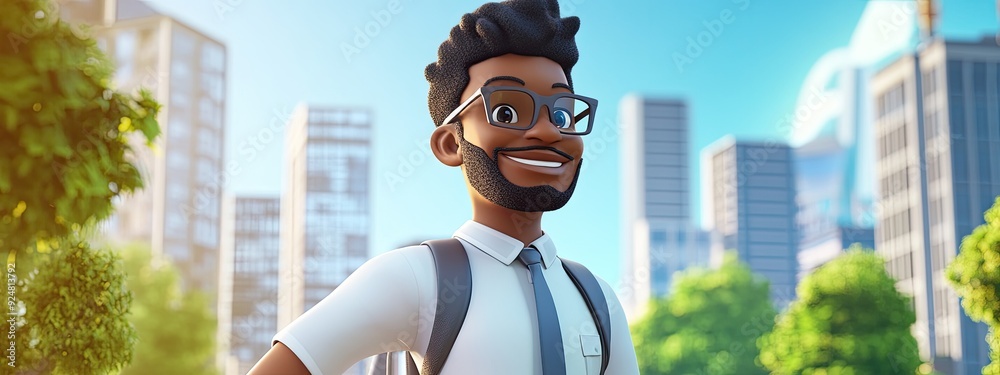 Wall mural cheerful 3d cartoon black man strolling through a city on his way to work beaming with joy as a real