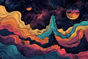 Abstract Wavy Landscape with Two Planets and Stars