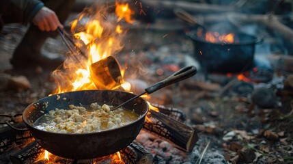 Wild camping, food cooked on a campfire is prepared. Generative AI