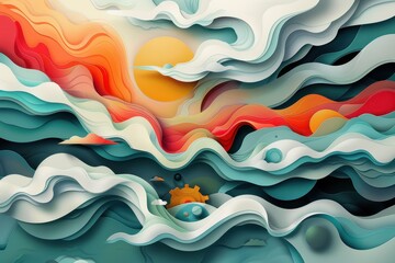 Fototapeta premium Abstract Papercut Landscape with Sun and Gear