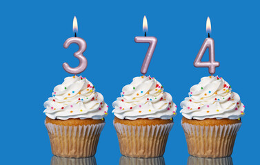 Birthday Cupcakes With Candles Lit Forming The Number 374