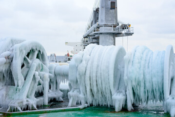 Icing (ice formation) onboard of cargo ship at sea after stormy weather in winter North Pacific