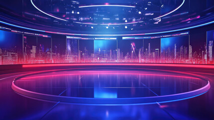 Obraz premium Newsroom Studio Background Featuring Digital Screens and Broadcasting Equipment