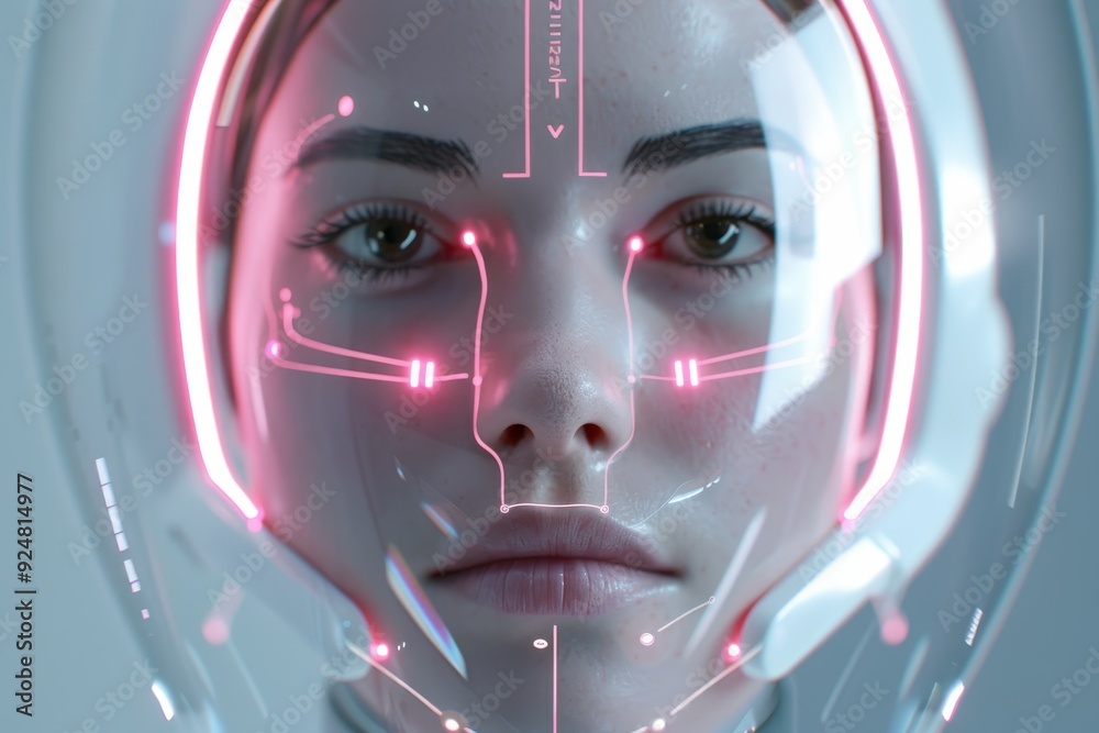 Poster a woman with glowing face and head, an advanced biometric security system scans your face or fingerp
