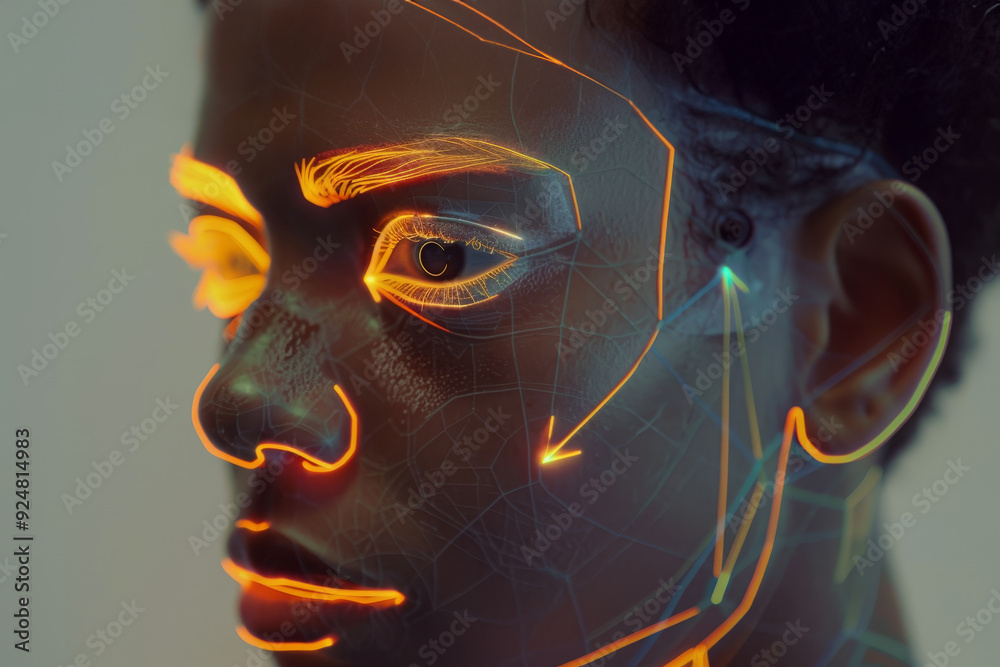 Poster woman with glowing face and head, an advanced biometric security system scans your face or fingerpri