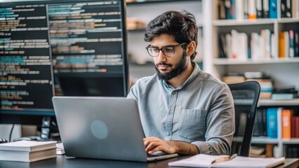 "Indian Software Engineer with Coding Books" – An Indian software engineer surrounded by coding books and programming tools.
