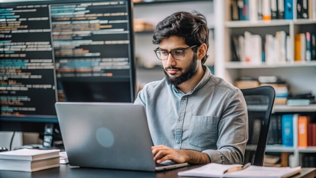 "Indian Software Engineer with Coding Books" – An Indian software engineer surrounded by coding books and programming tools.
